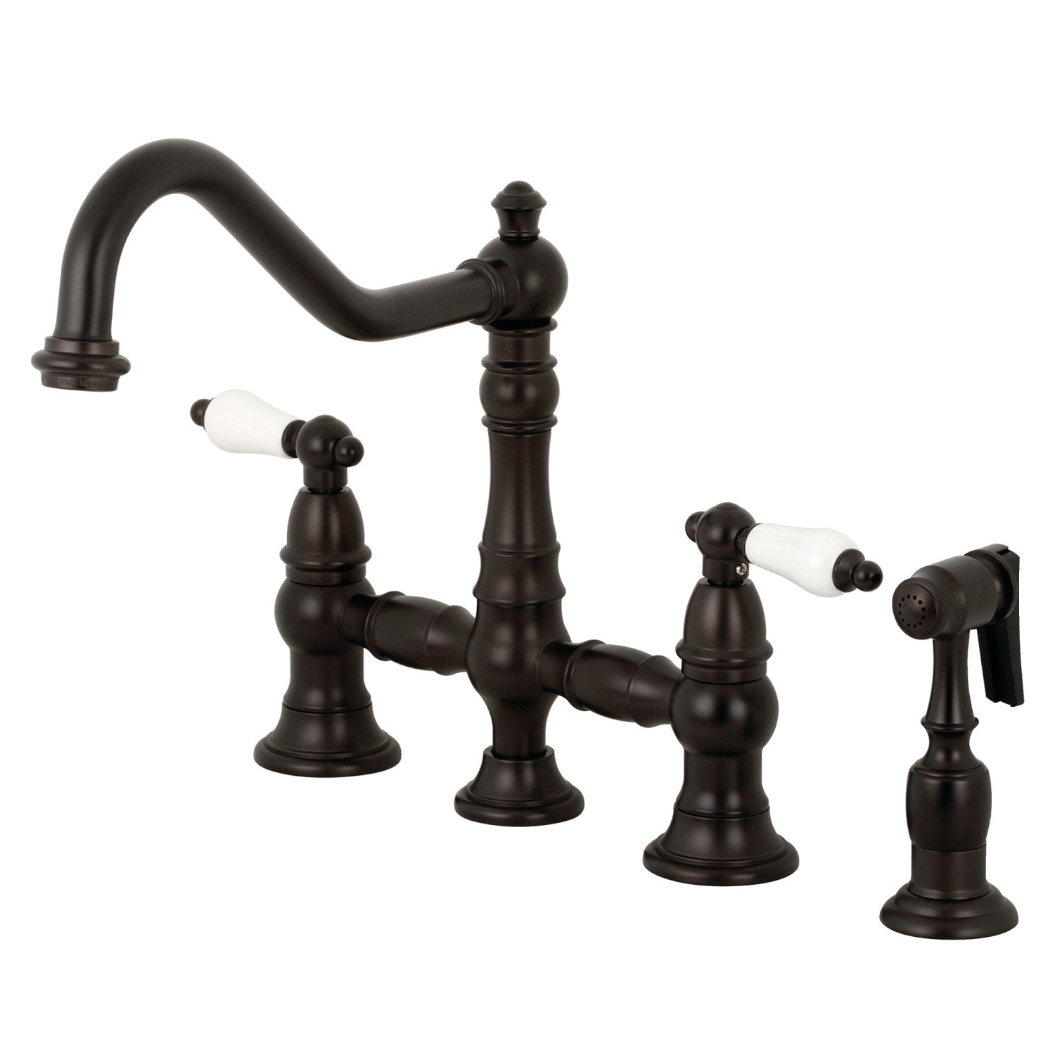Kingston Heirloom KS3275PLBS - Restoration Two-Handle 4-Hole Deck Mount Bridge Kitchen Faucet with Brass Sprayer, Oil Rubbed Bronze — image 1